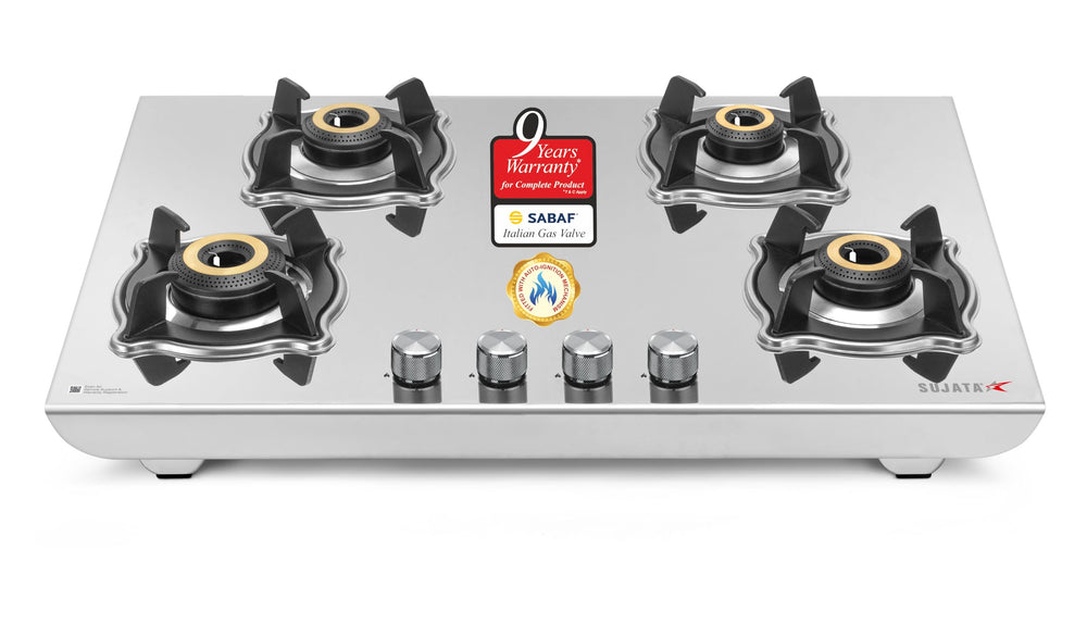 Sujata Robusto Gas Stove 4 Burners | 9 Years Warranty, ISI Certified | 4 Burner Gas Stove Stainless Steel Auto Ignition, LPG Ready & PNG Compatible, SABAF, 360° Rotating Nozzle, Jumbo Brass Burner price under 20000