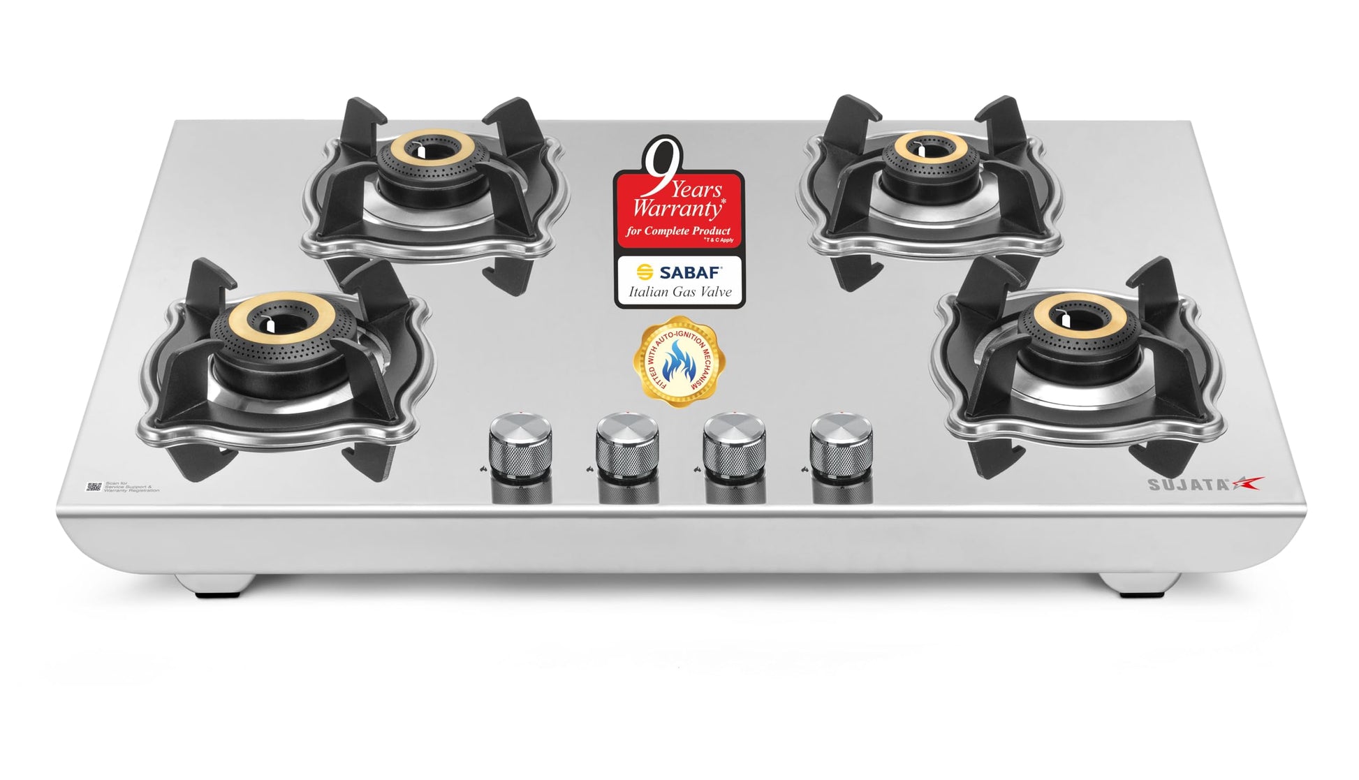 Sujata Robusto Gas Stove 4 Burners | 9 Years Warranty, ISI Certified | 4 Burner Gas Stove Stainless Steel Auto Ignition, LPG Ready & PNG Compatible, SABAF, 360° Rotating Nozzle, Jumbo Brass Burner 
