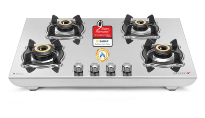 Sujata Robusto Gas Stove 4 Burners | 9 Years Warranty, ISI Certified | 4 Burner Gas Stove Stainless Steel Auto Ignition, LPG Ready & PNG Compatible, SABAF, 360° Rotating Nozzle, Jumbo Brass Burner 