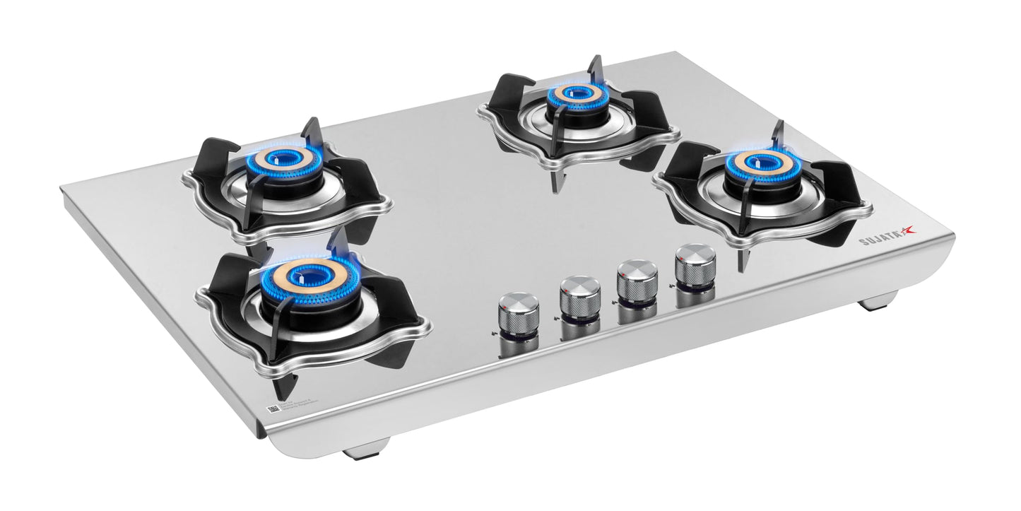 Sujata Robusto Gas Stove 4 Burners | 9 Years Warranty, ISI Certified | 4 Burner Gas Stove Stainless Steel Auto Ignition, LPG Ready & PNG Compatible, SABAF, 360° Rotating Nozzle, Jumbo Brass Burner 