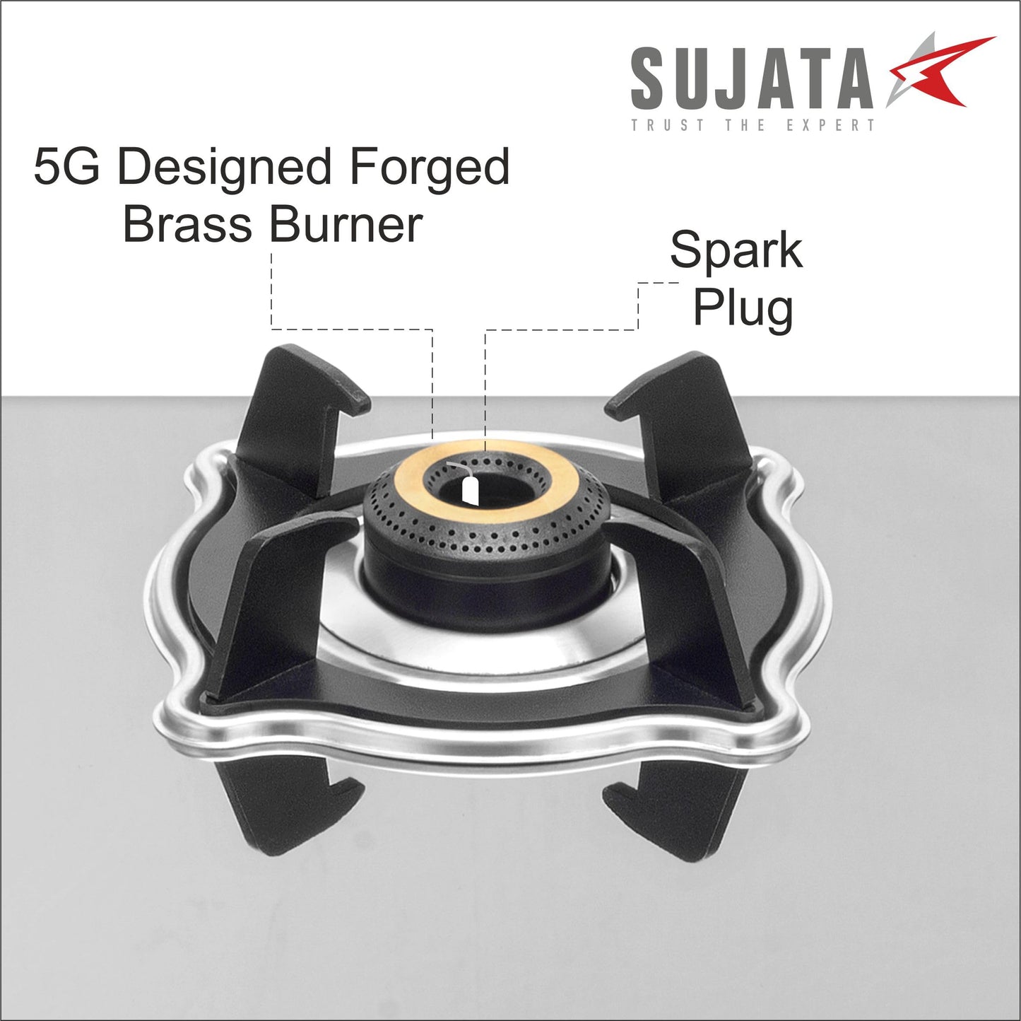 Sujata Robusto Gas Stove 4 Burners | 9 Years Warranty, ISI Certified | 4 Burner Gas Stove Stainless Steel Auto Ignition, LPG Ready & PNG Compatible, SABAF, 360° Rotating Nozzle, Jumbo Brass Burner 