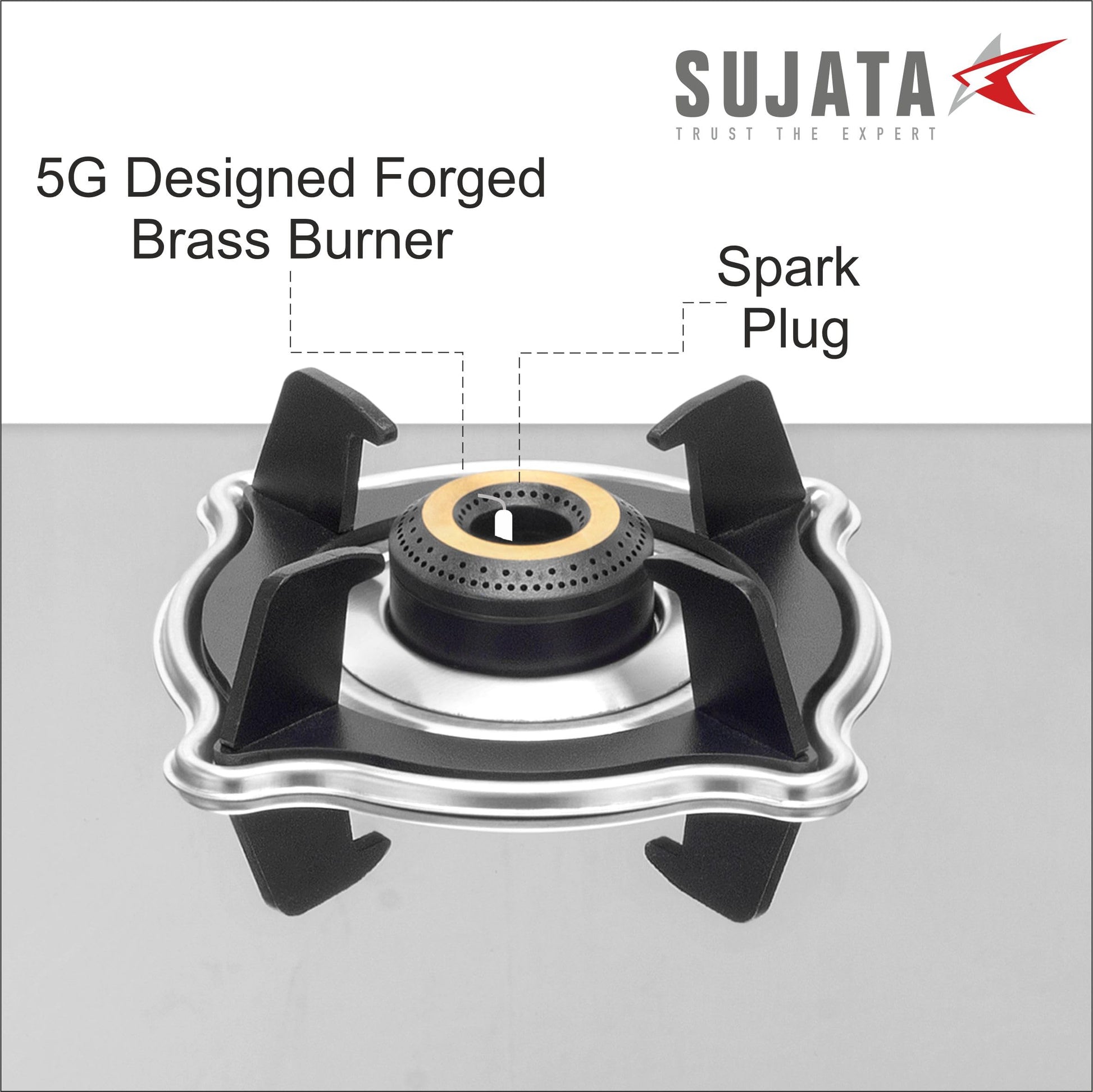 Sujata Robusto Gas Stove 4 Burners | 9 Years Warranty, ISI Certified | 4 Burner Gas Stove Stainless Steel Auto Ignition, LPG Ready & PNG Compatible, SABAF, 360° Rotating Nozzle, Jumbo Brass Burner 