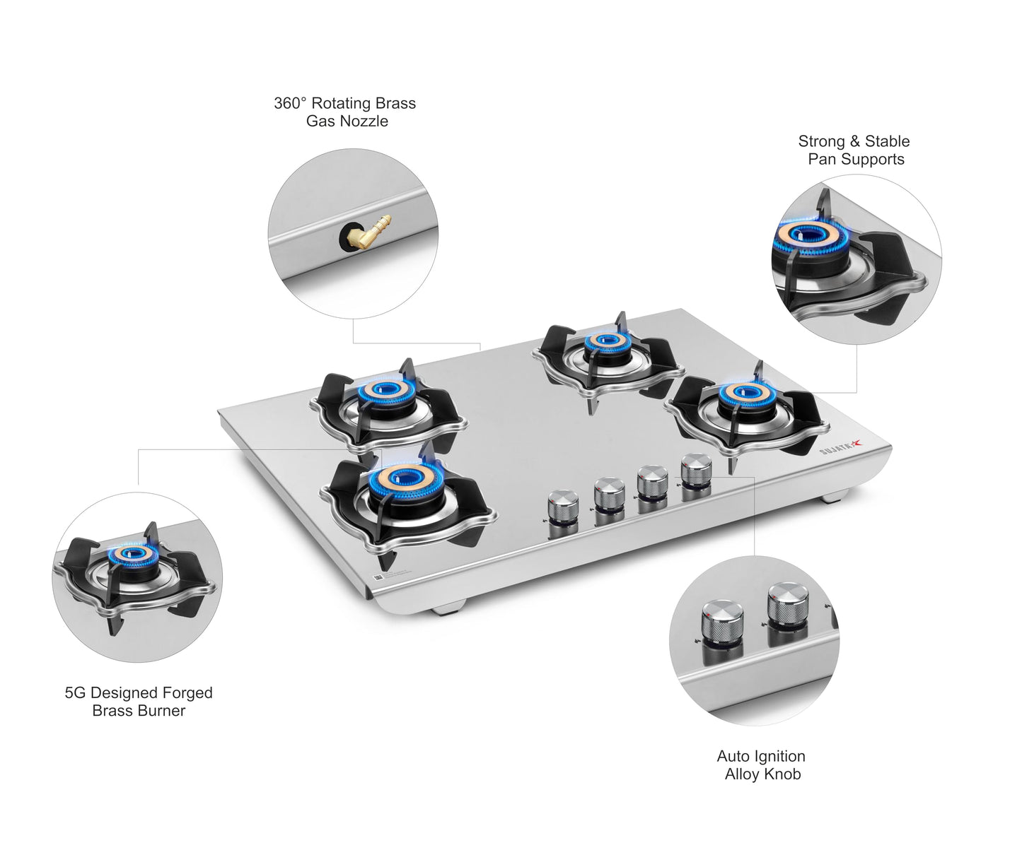Sujata Robusto Gas Stove 4 Burners | 9 Years Warranty, ISI Certified | 4 Burner Gas Stove Stainless Steel Auto Ignition, LPG Ready & PNG Compatible, SABAF, 360° Rotating Nozzle, Jumbo Brass Burner 