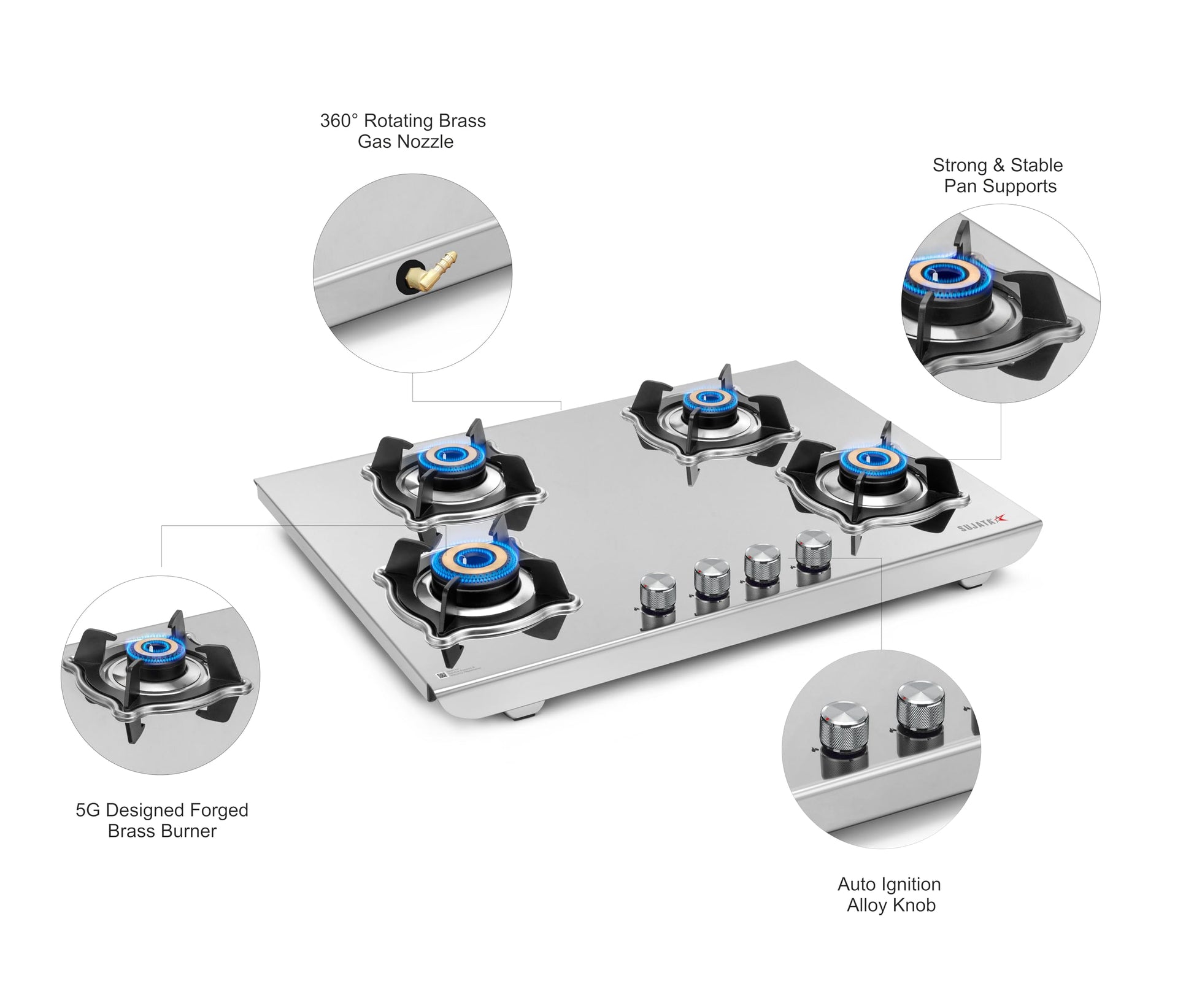 Sujata Robusto Gas Stove 4 Burners | 9 Years Warranty, ISI Certified | 4 Burner Gas Stove Stainless Steel Auto Ignition, LPG Ready & PNG Compatible, SABAF, 360° Rotating Nozzle, Jumbo Brass Burner 