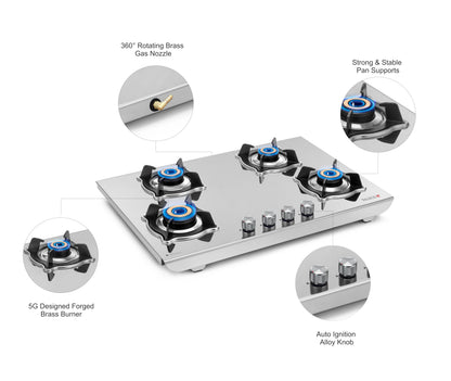Sujata Robusto Gas Stove 4 Burners | 9 Years Warranty, ISI Certified | 4 Burner Gas Stove Stainless Steel Auto Ignition, LPG Ready & PNG Compatible, SABAF, 360° Rotating Nozzle, Jumbo Brass Burner 