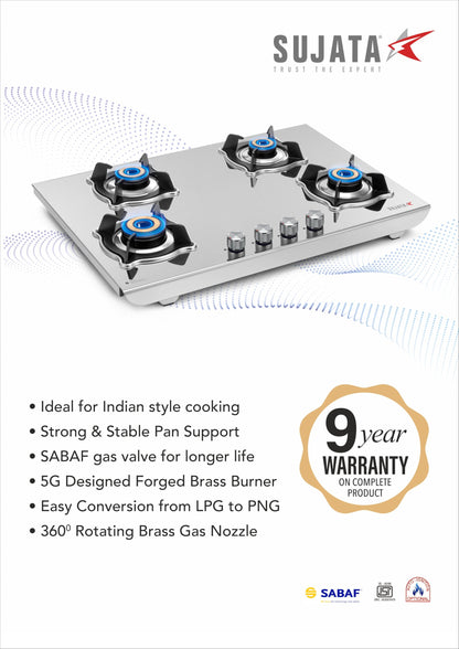 Sujata Robusto Gas Stove 4 Burners | 9 Years Warranty, ISI Certified | 4 Burner Gas Stove Stainless Steel Auto Ignition, LPG Ready & PNG Compatible, SABAF, 360° Rotating Nozzle, Jumbo Brass Burner 