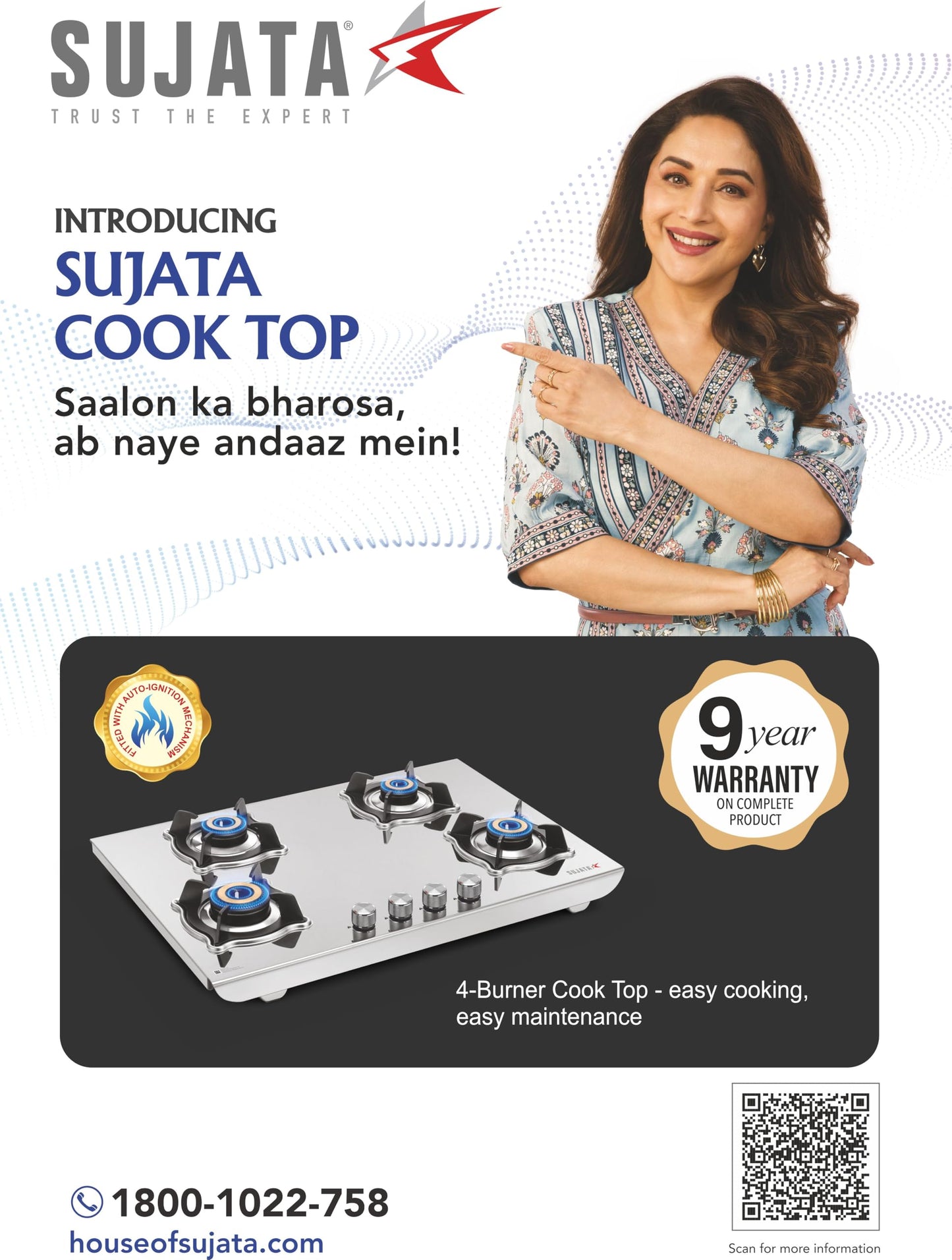 Sujata Robusto Gas Stove 4 Burners | 9 Years Warranty, ISI Certified | 4 Burner Gas Stove Stainless Steel Auto Ignition, LPG Ready & PNG Compatible, SABAF, 360° Rotating Nozzle, Jumbo Brass Burner 