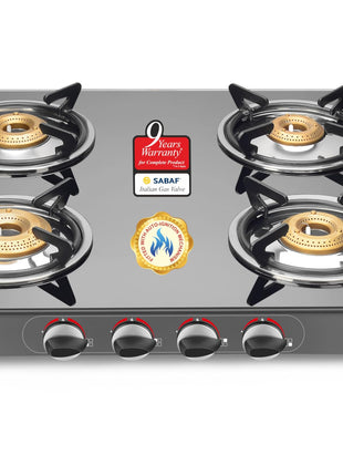 Sujata Standard Auto Ignition Gas Stove 4 Burners | 9 Years Warranty | 4 Burner Gas Stove Glass Top, Stove 4 Burner, ISI Certified, SABAF Valve, LPG & PNG Compatible, 360° Rotating Nozzle (Black) 