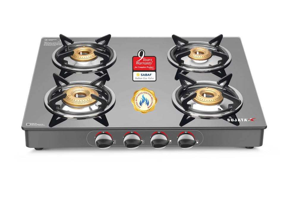 Sujata Standard Auto Ignition Gas Stove 4 Burners | 9 Years Warranty | 4 Burner Gas Stove Glass Top, Stove 4 Burner, ISI Certified, SABAF Valve, LPG & PNG Compatible, 360° Rotating Nozzle (Black)