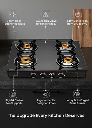 Sujata Standard Auto Ignition Gas Stove 4 Burners | 9 Years Warranty | 4 Burner Gas Stove Glass Top, Stove 4 Burner, ISI Certified, SABAF Valve, LPG & PNG Compatible, 360° Rotating Nozzle (Black) 
