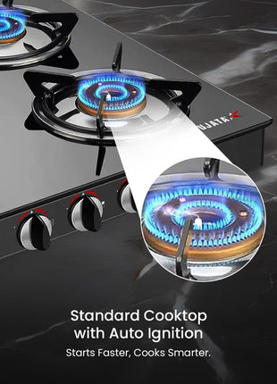 Sujata Standard Auto Ignition Gas Stove 4 Burners | 9 Years Warranty | 4 Burner Gas Stove Glass Top, Stove 4 Burner, ISI Certified, SABAF Valve, LPG & PNG Compatible, 360° Rotating Nozzle (Black) 