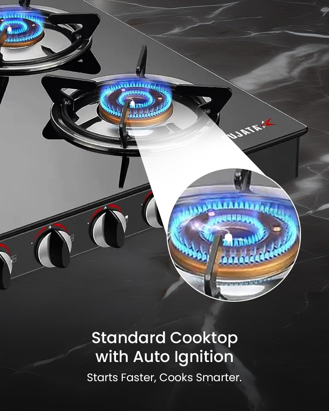Sujata Standard Auto Ignition Gas Stove 4 Burners | 9 Years Warranty | 4 Burner Gas Stove Glass Top, Stove 4 Burner, ISI Certified, SABAF Valve, LPG & PNG Compatible, 360° Rotating Nozzle (Black) 