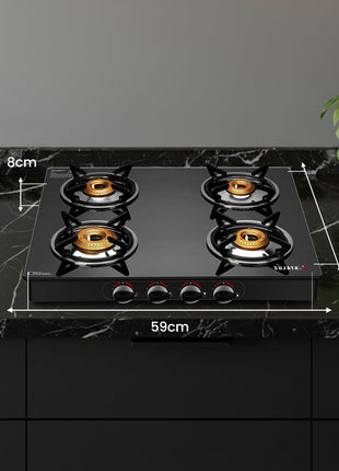 Sujata Standard Auto Ignition Gas Stove 4 Burners | 9 Years Warranty | 4 Burner Gas Stove Glass Top, Stove 4 Burner, ISI Certified, SABAF Valve, LPG & PNG Compatible, 360° Rotating Nozzle (Black) 