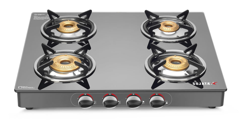 Sujata Standard Gas Stove | 9 Years Warranty | 4 Burner Gas Stove Glass Top, 4 Burner Stove, ISI Certified, SABAF Valve with LPG & PNG Compatible, 360° Rotating Nozzle, 8mm Toughened Glass (Black)