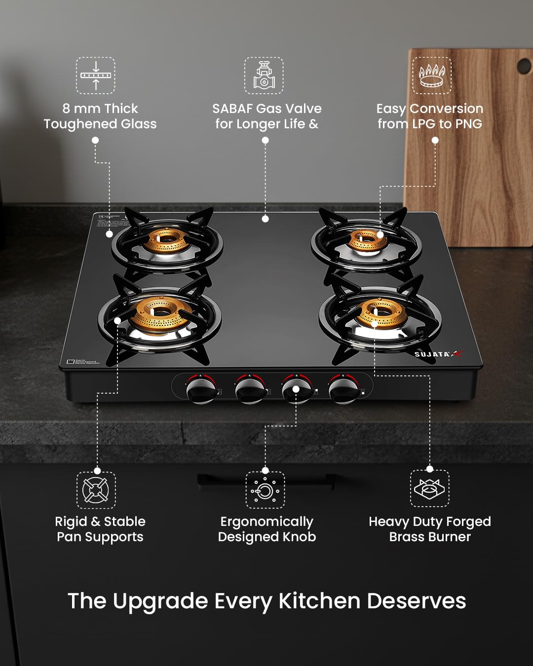 Sujata Standard Gas Stove | 9 Years Warranty | 4 Burner Gas Stove Glass Top, 4 Burner Stove, ISI Certified, SABAF Valve with LPG & PNG Compatible, 360° Rotating Nozzle, 8mm Toughened Glass (Black) 