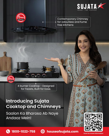 Sujata Standard Gas Stove | 9 Years Warranty | 4 Burner Gas Stove Glass Top, 4 Burner Stove, ISI Certified, SABAF Valve with LPG & PNG Compatible, 360° Rotating Nozzle, 8mm Toughened Glass (Black) 