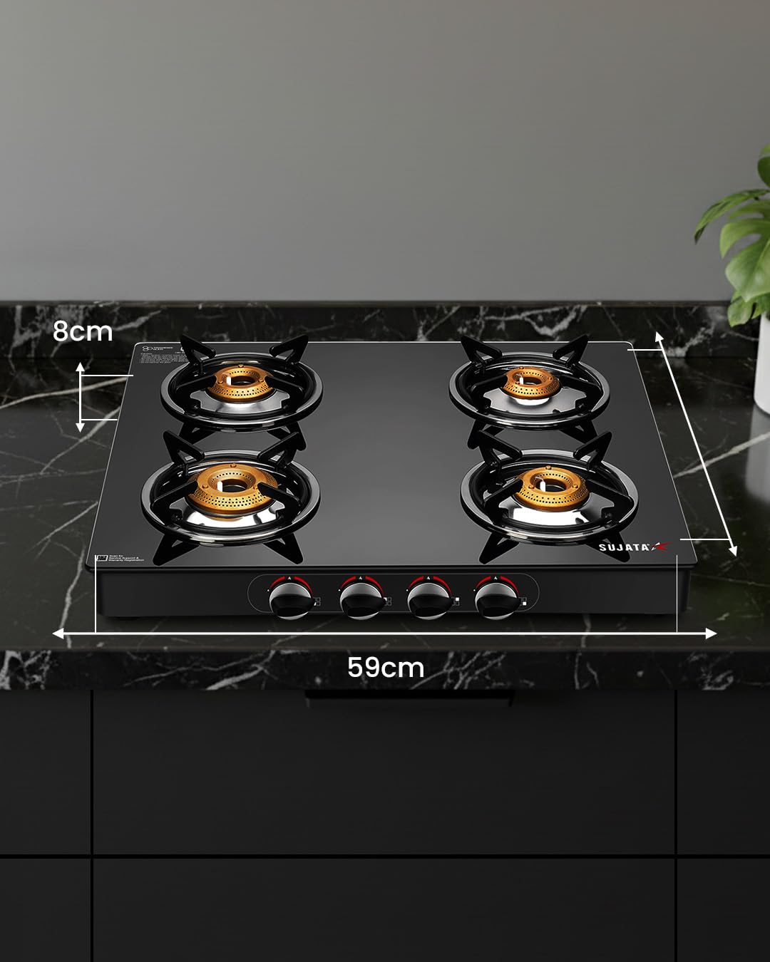 Sujata Standard Gas Stove | 9 Years Warranty | 4 Burner Gas Stove Glass Top, 4 Burner Stove, ISI Certified, SABAF Valve with LPG & PNG Compatible, 360° Rotating Nozzle, 8mm Toughened Glass (Black) 