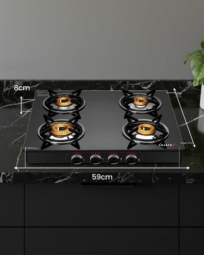 Sujata Standard Gas Stove | 9 Years Warranty | 4 Burner Gas Stove Glass Top, 4 Burner Stove, ISI Certified, SABAF Valve with LPG & PNG Compatible, 360° Rotating Nozzle, 8mm Toughened Glass (Black) 