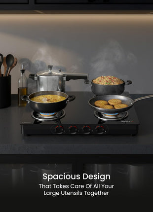 Sujata Standard Gas Stove | 9 Years Warranty | 4 Burner Gas Stove Glass Top, 4 Burner Stove, ISI Certified, SABAF Valve with LPG & PNG Compatible, 360° Rotating Nozzle, 8mm Toughened Glass (Black) 