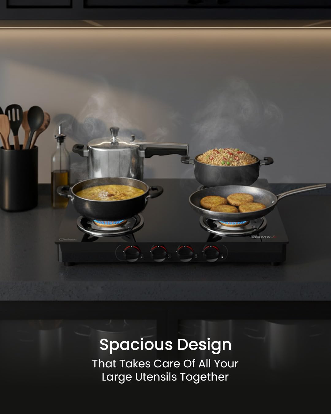 Sujata Standard Gas Stove | 9 Years Warranty | 4 Burner Gas Stove Glass Top, 4 Burner Stove, ISI Certified, SABAF Valve with LPG & PNG Compatible, 360° Rotating Nozzle, 8mm Toughened Glass (Black) 