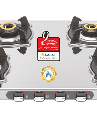 Sujata Sterno Auto Ignition Gas Stove | 9 Years Warranty | Gas Stove 4 Burners Steel Body, SABAF, ISI Certified, LPG & PNG Compatible, Jumbo Brass Burners (Stainless Steel) 