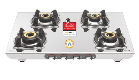Sujata Sterno Auto Ignition Gas Stove | 9 Years Warranty | Gas Stove 4 Burners Steel Body, SABAF, ISI Certified, LPG & PNG Compatible, Jumbo Brass Burners (Stainless Steel) 