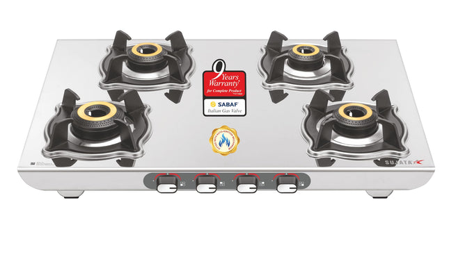 Sujata Sterno Auto Ignition Gas Stove | 9 Years Warranty | Gas Stove 4 Burners Steel Body, SABAF, ISI Certified, LPG & PNG Compatible, Jumbo Brass Burners (Stainless Steel) 
