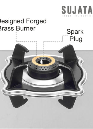 Sujata Sterno Auto Ignition Gas Stove | 9 Years Warranty | Gas Stove 4 Burners Steel Body, SABAF, ISI Certified, LPG & PNG Compatible, Jumbo Brass Burners (Stainless Steel) 