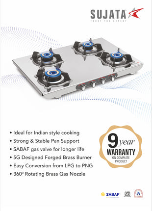 Sujata Sterno Auto Ignition Gas Stove | 9 Years Warranty | Gas Stove 4 Burners Steel Body, SABAF, ISI Certified, LPG & PNG Compatible, Jumbo Brass Burners (Stainless Steel) 