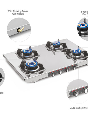 Sujata Sterno Auto Ignition Gas Stove | 9 Years Warranty | Gas Stove 4 Burners Steel Body, SABAF, ISI Certified, LPG & PNG Compatible, Jumbo Brass Burners (Stainless Steel) 