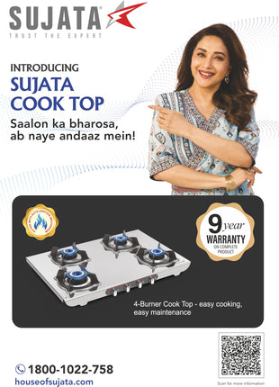 Sujata Sterno Auto Ignition Gas Stove | 9 Years Warranty | Gas Stove 4 Burners Steel Body, SABAF, ISI Certified, LPG & PNG Compatible, Jumbo Brass Burners (Stainless Steel) 