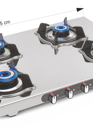Sujata Sterno Auto Ignition Gas Stove | 9 Years Warranty | Gas Stove 4 Burners Steel Body, SABAF, ISI Certified, LPG & PNG Compatible, Jumbo Brass Burners (Stainless Steel) 