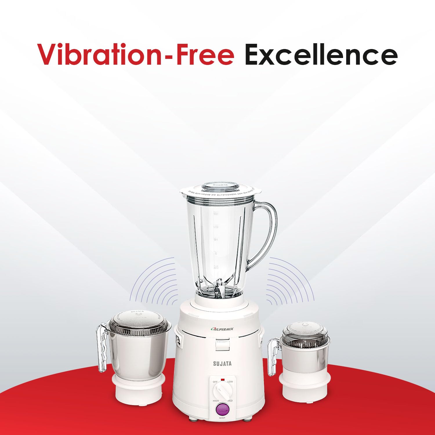 Sujata Supermix Mixer Grinder|900 Watts Double Ball Bearing Motor|22000 RPM|Non-Stop 90 Mins Running|3 Jars including 1750ml Blender, 1000ml Grinder, 500ml Chutney Jar| (White) 