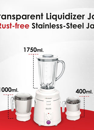 Sujata Supermix Mixer Grinder|900 Watts Double Ball Bearing Motor|22000 RPM|Non-Stop 90 Mins Running|3 Jars including 1750ml Blender, 1000ml Grinder, 500ml Chutney Jar| (White) 