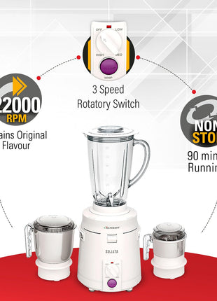 Sujata Supermix Mixer Grinder|900 Watts Double Ball Bearing Motor|22000 RPM|Non-Stop 90 Mins Running|3 Jars including 1750ml Blender, 1000ml Grinder, 500ml Chutney Jar| (White) 