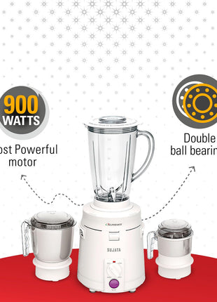 Sujata Supermix Mixer Grinder|900 Watts Double Ball Bearing Motor|22000 RPM|Non-Stop 90 Mins Running|3 Jars including 1750ml Blender, 1000ml Grinder, 500ml Chutney Jar| (White) 