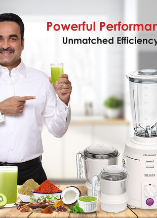 Sujata Supermix Mixer Grinder|900 Watts Double Ball Bearing Motor|22000 RPM|Non-Stop 90 Mins Running|3 Jars including 1750ml Blender, 1000ml Grinder, 500ml Chutney Jar| (White) 