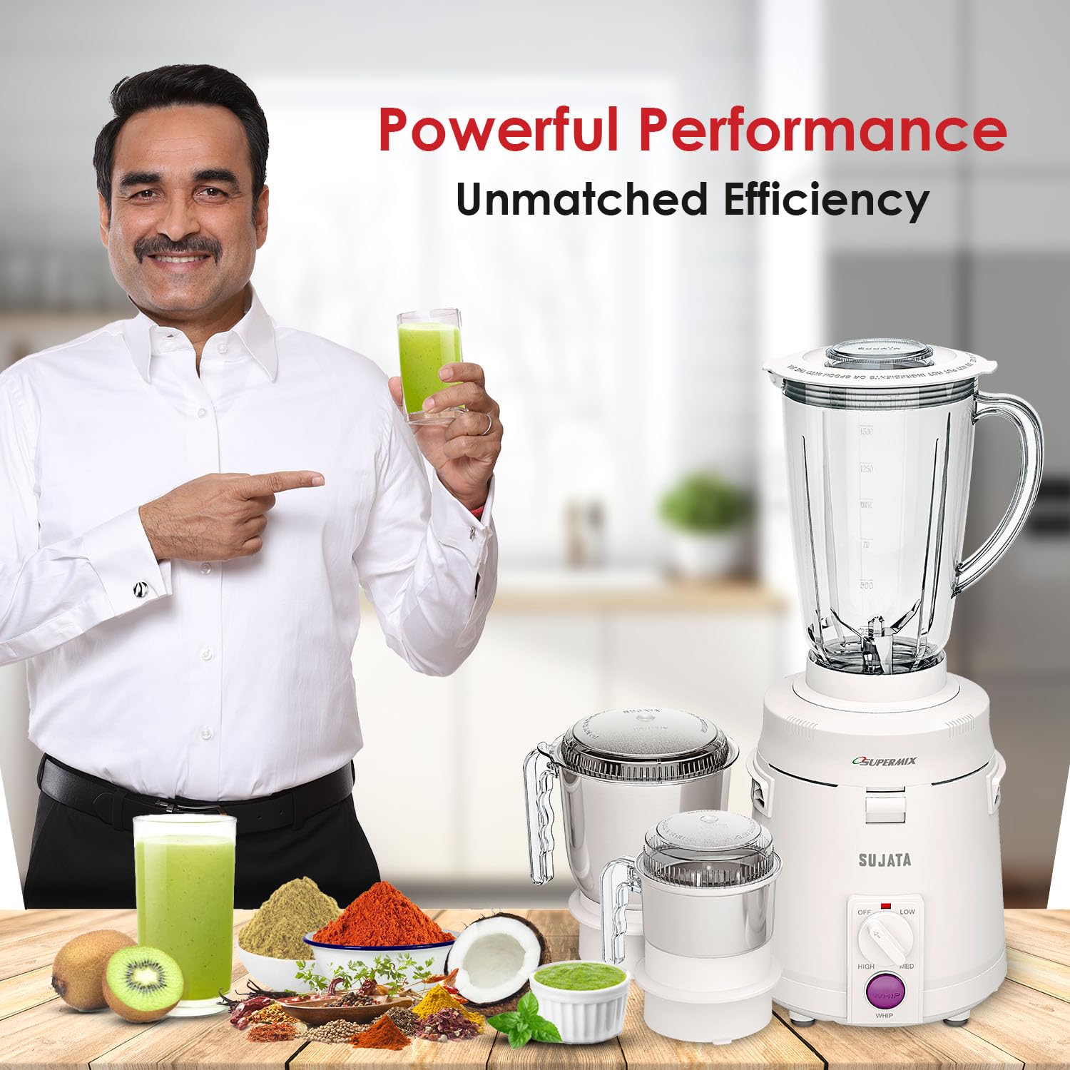 Sujata Supermix Mixer Grinder|900 Watts Double Ball Bearing Motor|22000 RPM|Non-Stop 90 Mins Running|3 Jars including 1750ml Blender, 1000ml Grinder, 500ml Chutney Jar| (White) 