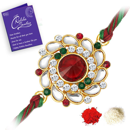 Sukkhi Rakhi for Brother Elegant Floral Kundan Designer Gold Plated With Roli Chawal & Greeting Card|RAK73480 