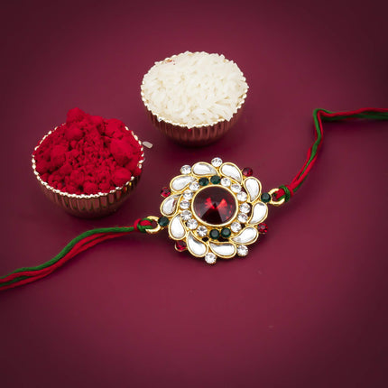 Sukkhi Rakhi for Brother Elegant Floral Kundan Designer Gold Plated With Roli Chawal & Greeting Card|RAK73480 