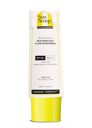 SunScoop 3% Niacinamide Fluid Sunscreen | Ultra-Light Texture | SPF 50+ PA++++| Fast Absorption, Prevents Tanning & Sunburn | Reduces pigmentation | All SkinTypes | 45ml 