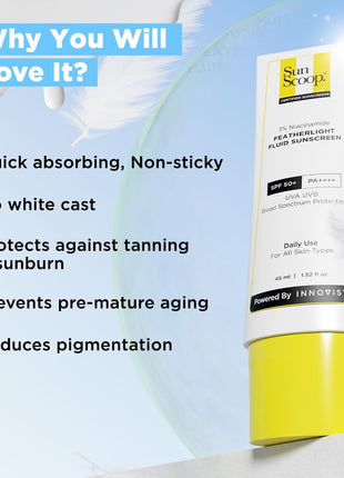 SunScoop 3% Niacinamide Fluid Sunscreen | Ultra-Light Texture | SPF 50+ PA++++| Fast Absorption, Prevents Tanning & Sunburn | Reduces pigmentation | All SkinTypes | 45ml 