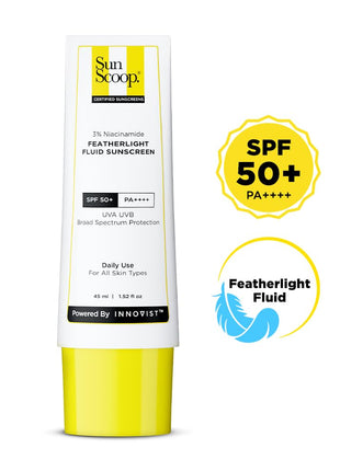 SunScoop 3% Niacinamide Fluid Sunscreen | Ultra-Light Texture | SPF 50+ PA++++| Fast Absorption, Prevents Tanning & Sunburn | Reduces pigmentation | All SkinTypes | 45ml 