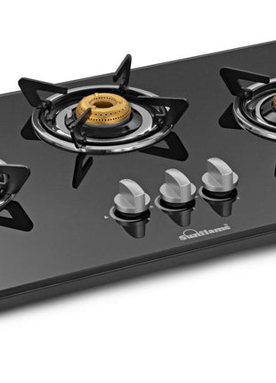 Sunflame Hob Glass Top 3 Burner Gas Stove, Manual Ignition, black 