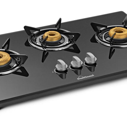Sunflame Hob Glass Top 3 Burner Gas Stove, Manual Ignition, black 