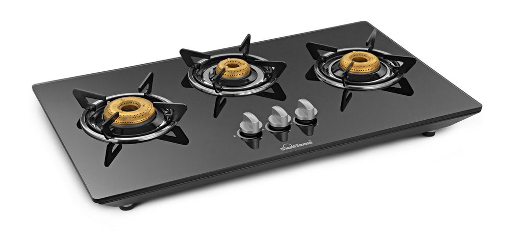 Sunflame Hob Glass Top 3 Burner Gas Stove, Manual Ignition, black