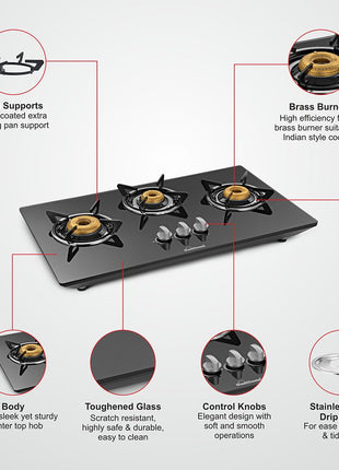 Sunflame Hob Glass Top 3 Burner Gas Stove, Manual Ignition, black 