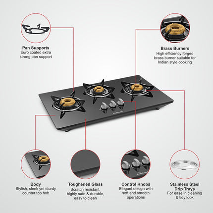 Sunflame Hob Glass Top 3 Burner Gas Stove, Manual Ignition, black 