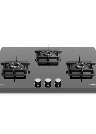 Sunshine Magnite 3 Burner | Slimmest 3 Burner Glass Gas Stove | Hob Top Cooktop | Tempered Glass, 360° Rotating Brass Gas Nozzle | Manual Ignition | LPG Ready & PNG Compatible (Premium - Black) 