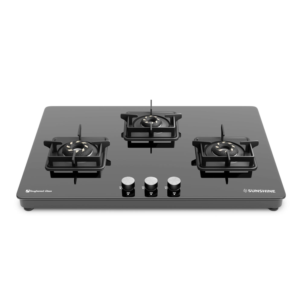 Sunshine Magnite 3 Burner | Slimmest 3 Burner Glass Gas Stove | Hob Top Cooktop | Tempered Glass, 360° Rotating Brass Gas Nozzle | Manual Ignition | LPG Ready & PNG Compatible (Premium - Black)